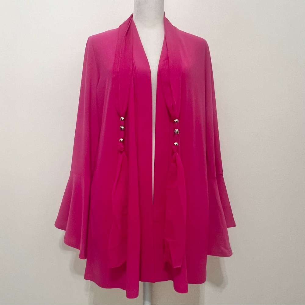 NWOT Dennis Basso Caviar Crepe Tunic Cardigan Chiffon Scarf Fuchsia Chic